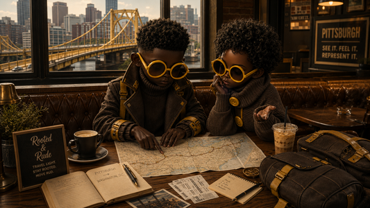The Maplings planning their first journey with a map, preparing to travel from Pittsburgh to Washington, D.C. with Rooted and Rude attitude.