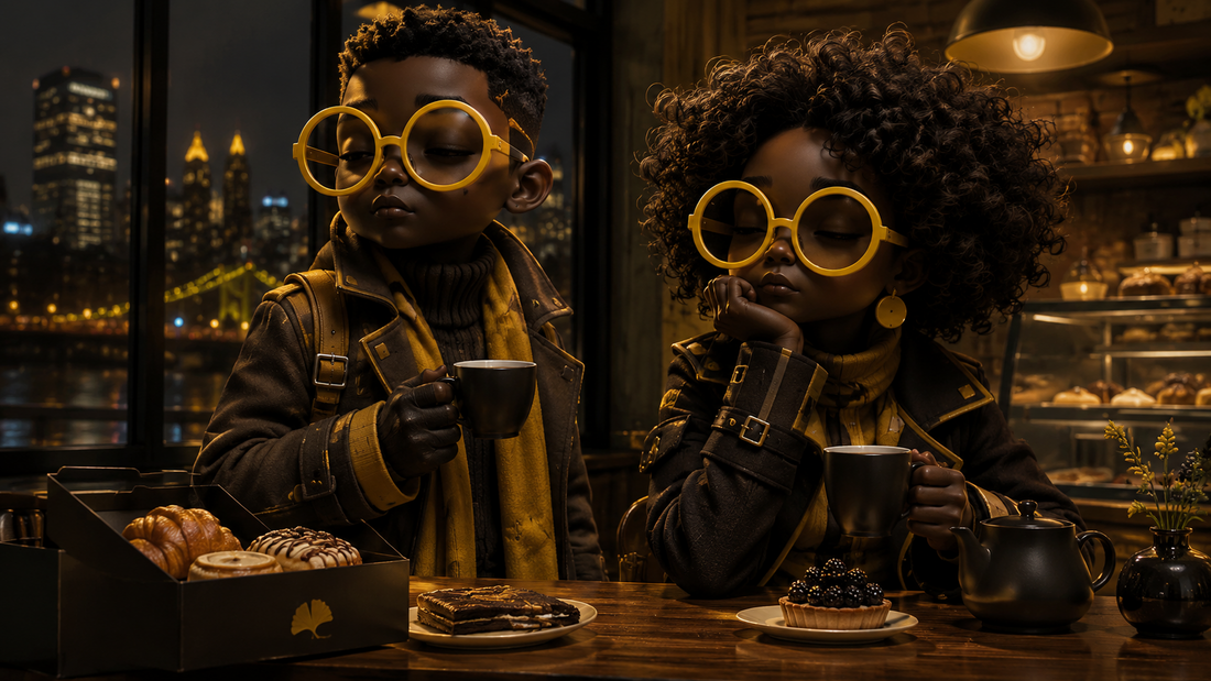 The Maplings sit in a cozy Pittsburgh café at night with drinks and pastries, showing Rooted and Rude attitude before their journey begins.