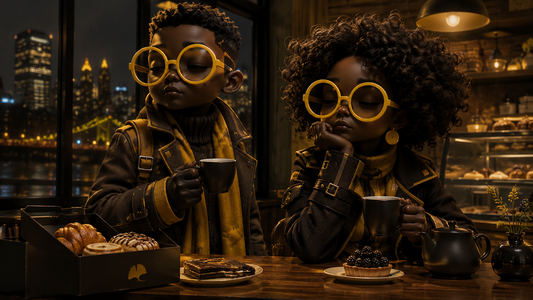 The Maplings sit in a cozy Pittsburgh café at night with drinks and pastries, showing Rooted and Rude attitude before their journey begins.