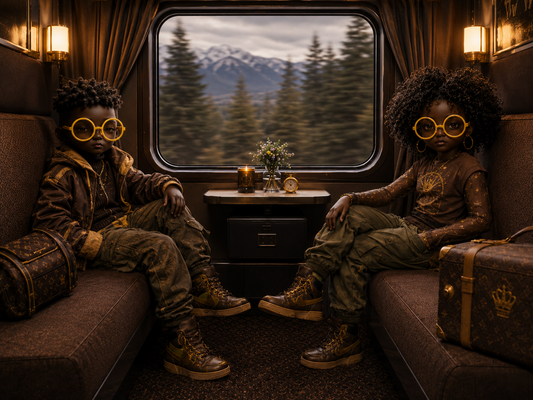 Two Maplings sitting across from each other in a luxurious Amtrak roomette, wearing casual yet eccentric outfits with oversized glasses, surrounded by luggage, with a scenic forest and mountains visible through the train window