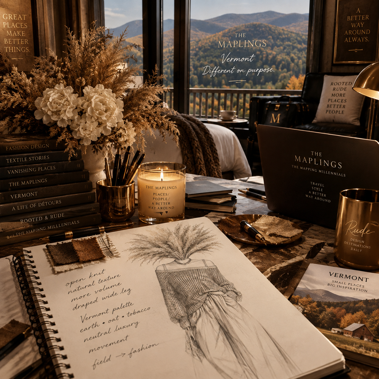 A styled interior desk scene with a sketchbook showing a fringed hat drawing, candles, books, and a laptop. A large window behind the desk shows a mountain landscape, and the words 'THE MAPPINGS Vermont Different on purpose' appear in the scene.